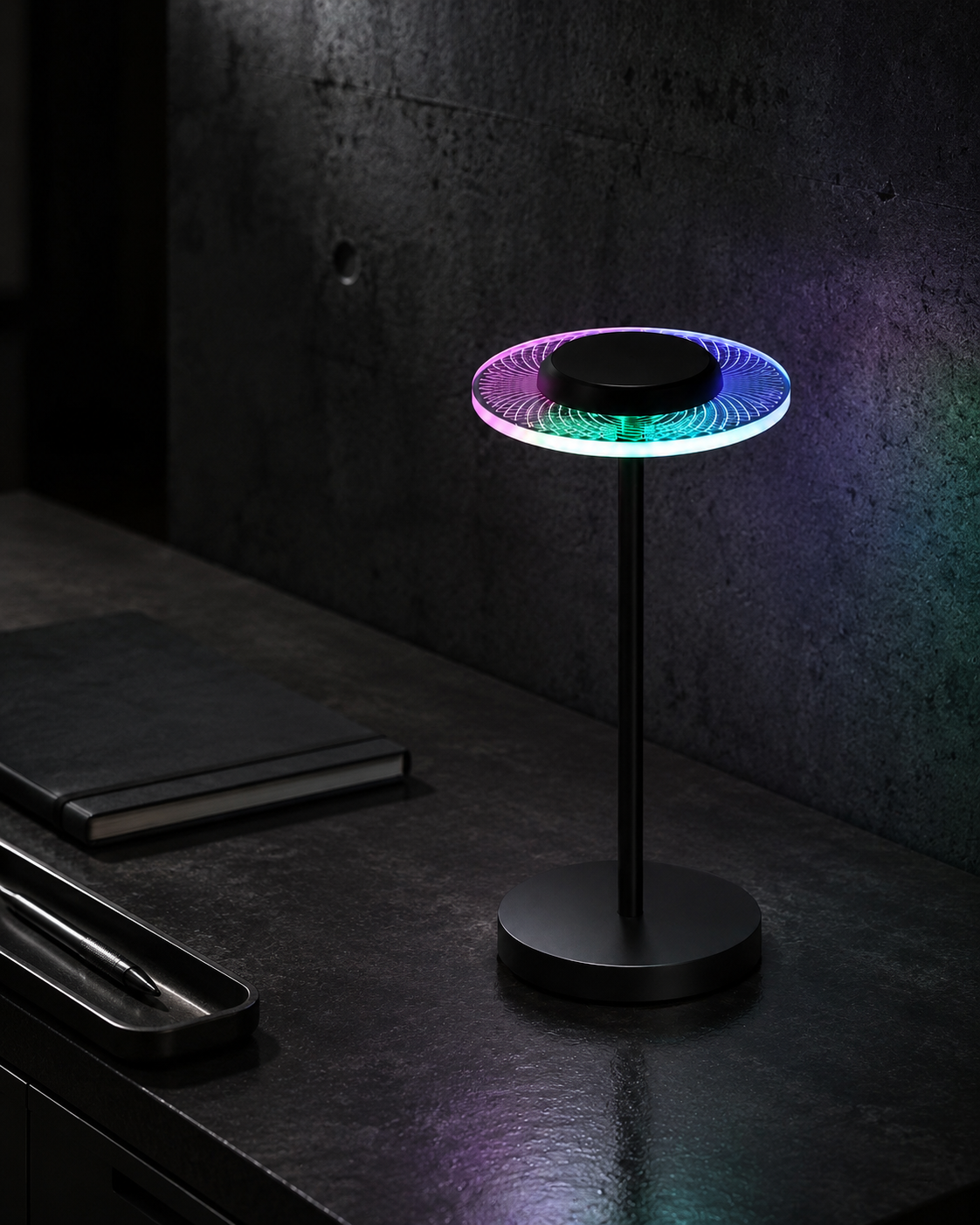 NO SIGNAL Drop 003 RGB lamp in a dark brutalist workspace