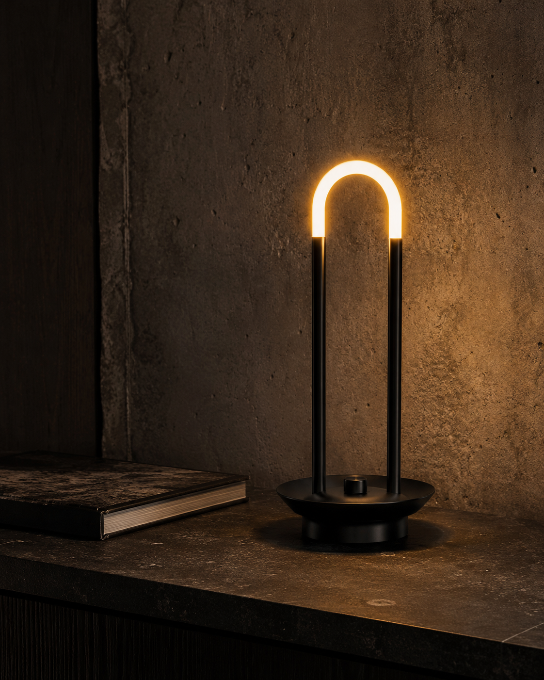 Black AFTER HOURS Drop 004 lamp in a dark brutalist interior