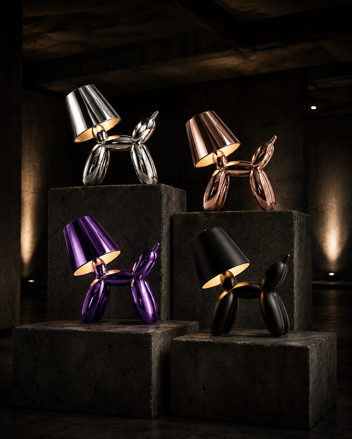 BAD DOG Drop 002 lamp collection in four finishes on brutalist plinths