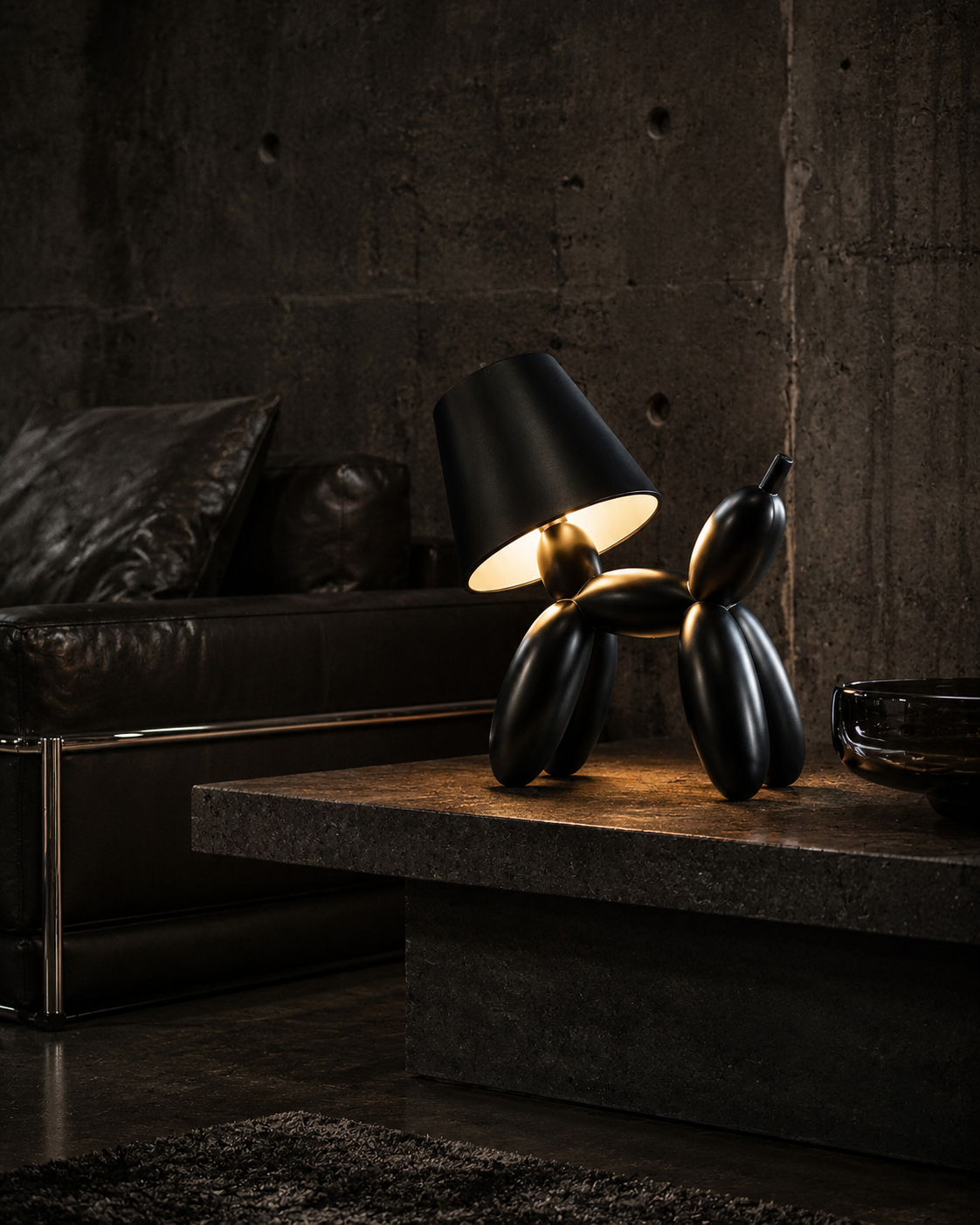 Black BAD DOG sculptural lamp in a brutalist interior