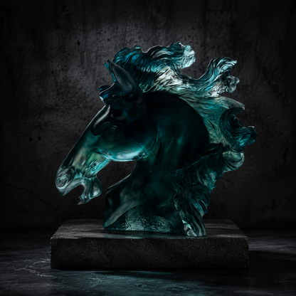 DARK HORSE translucent teal horse bust sculpture — product view