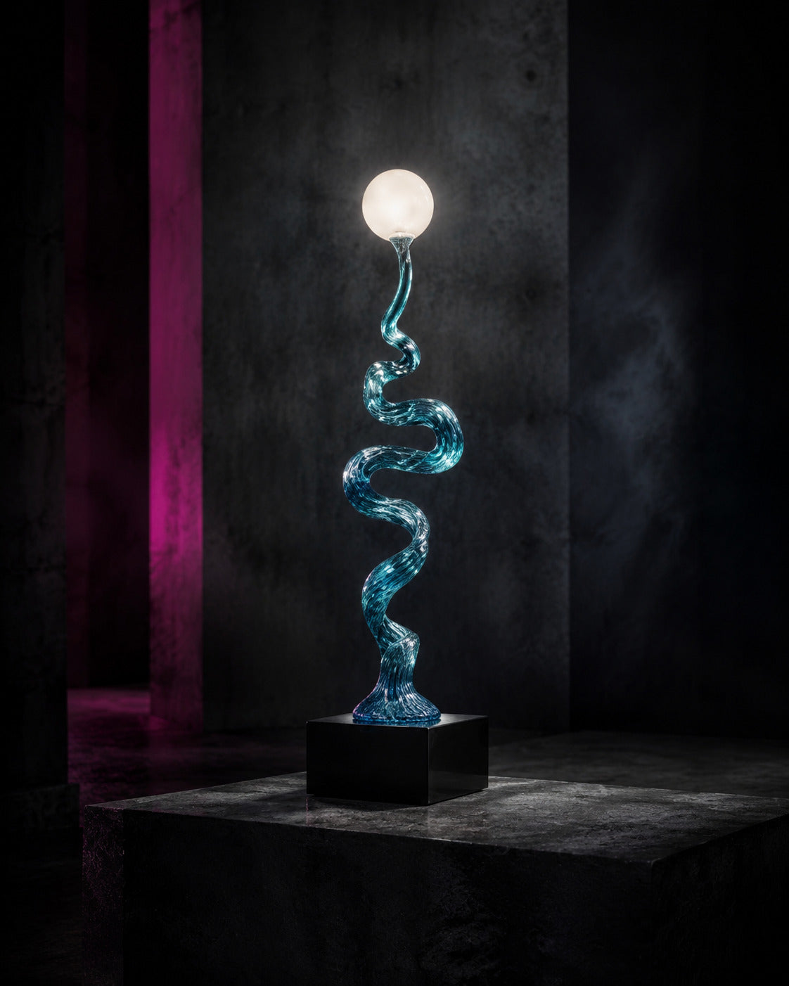 BLUE VENOM — Drop 029 teal serpent globe light in a dark gallery