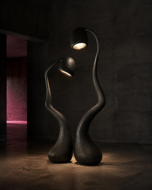 DOUBLE SHADOW — Drop 032 twin biomorphic floor lights in a dark gallery