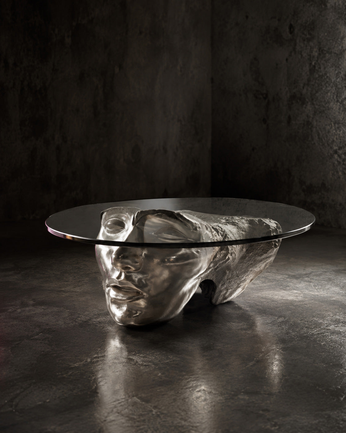 HEADSPACE — Drop 033 sculptural mirrored head side table in a dark gallery
