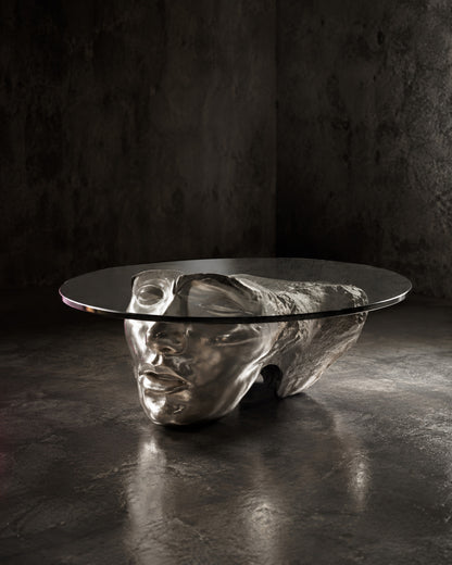 HEADSPACE — Drop 033 sculptural mirrored head side table in a dark gallery