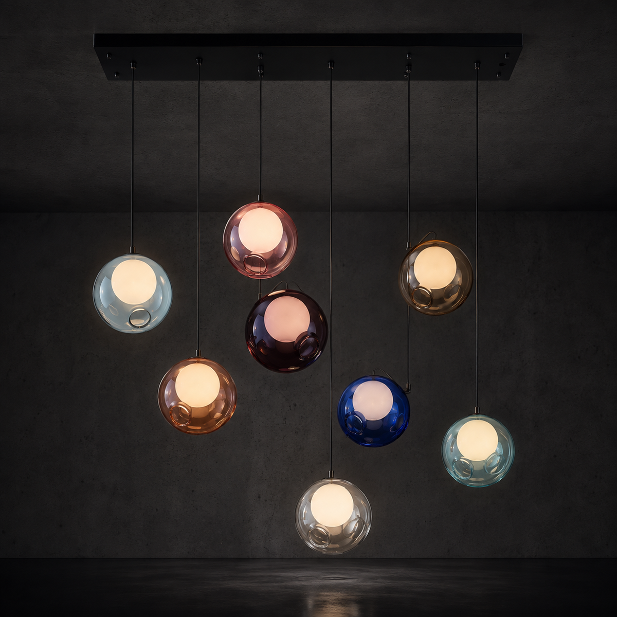 FALSE GRAVITY seven-light globe pendant — Neon Saints DROP 020
