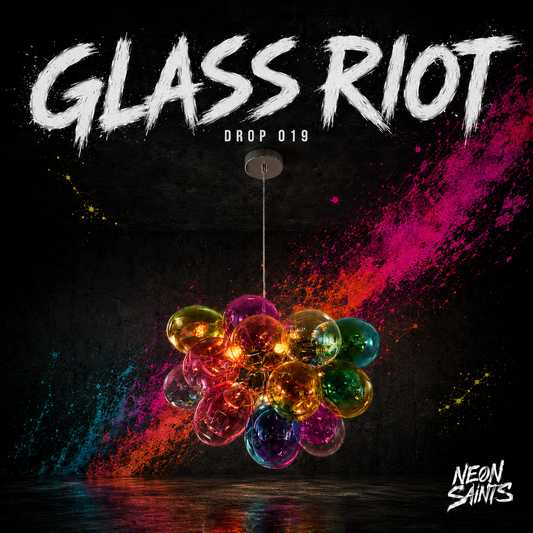 GLASS RIOT campaign artwork — Neon Saints DROP 019