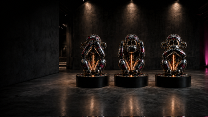 Three GØST Wise Monkeys displayed in a cinematic Neon Saints gallery