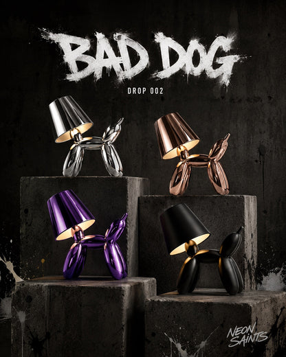 BAD DOG sculptural dog table lamp in chrome, rose gold, purple and black finishes