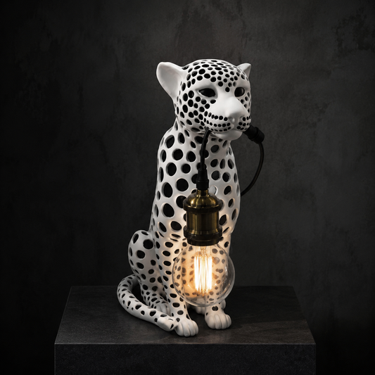 NIGHT PROWLER white leopard sculpture table lamp