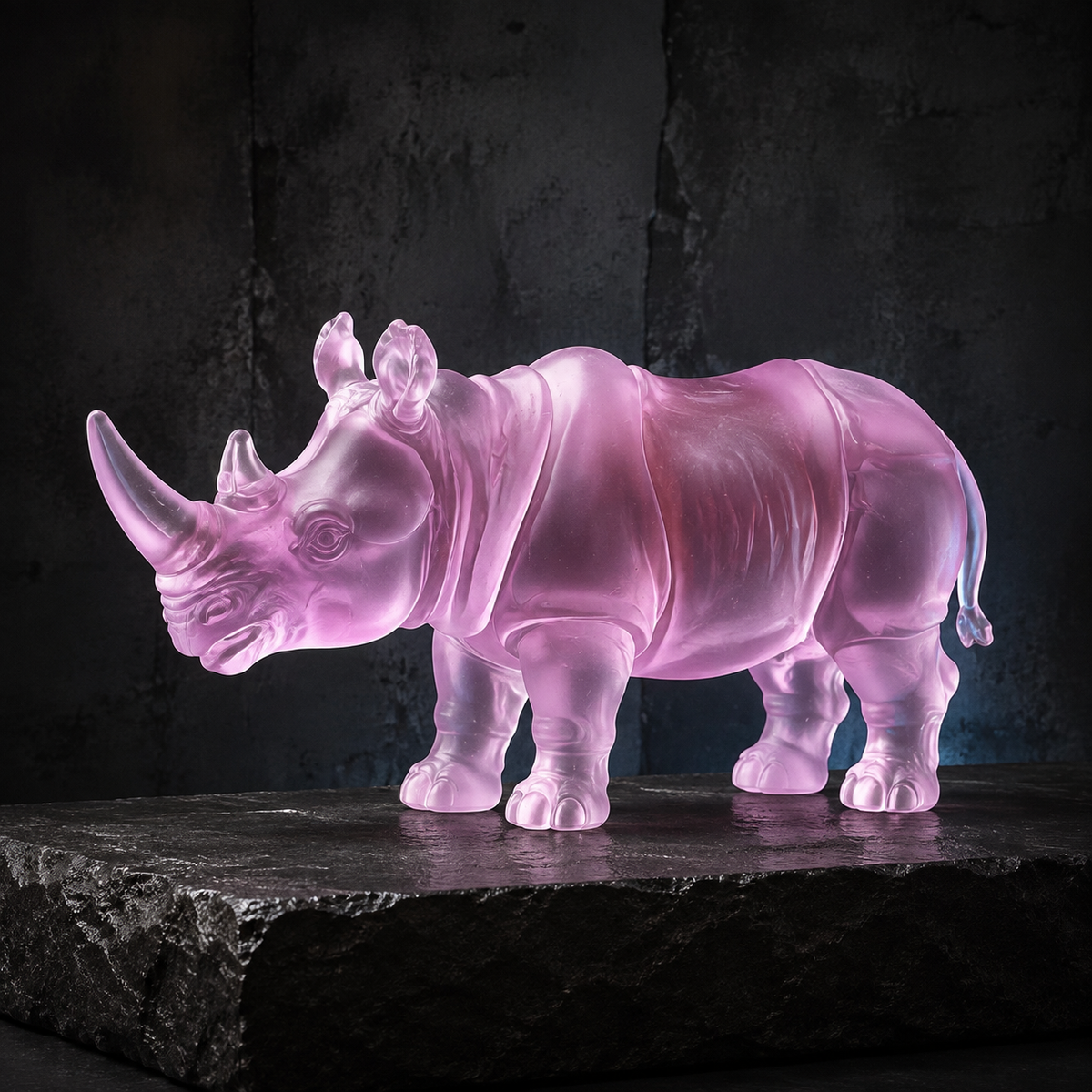 SOFT ARMOUR translucent rose rhino sculpture — product view