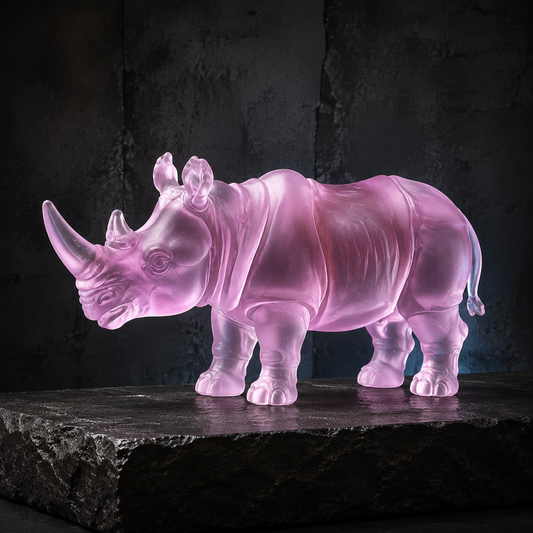 SOFT ARMOUR translucent rose rhino sculpture — product view